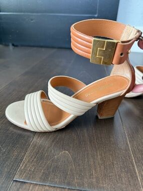 Italian Leather Nude Block Heel Sandals | Neutral Strappy Heels | Size 37 / 7